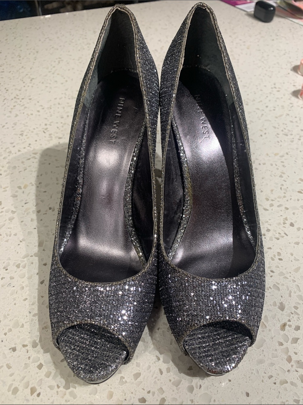 Nine West Black Silver Glitter Peep-Toe Pumps